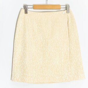 Vintage ANNE KLEIN WRAP MINI SKIRT in Pale Yellow Floral Jacquard / Size Small